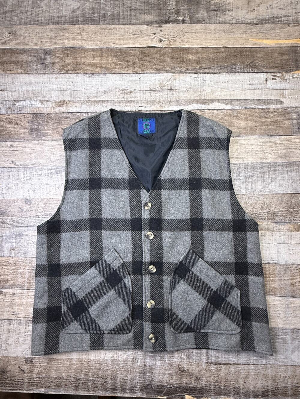 90s Men's L Gray Black Plaid Wool Blend Button Front Flannel Vest Hunting